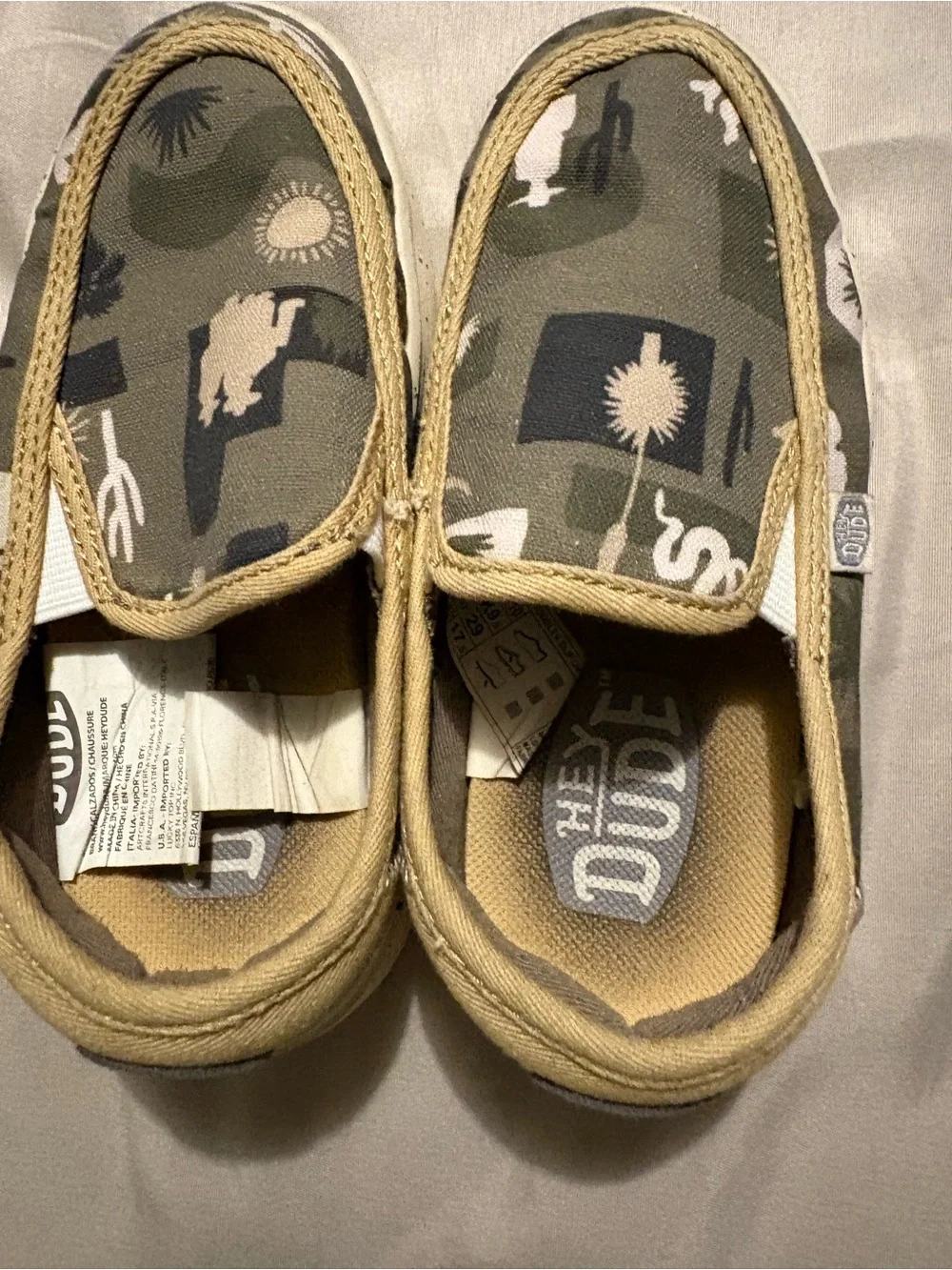 Hey Dude Kids Slip-On Moccasins in Olive Green with Tan Trim